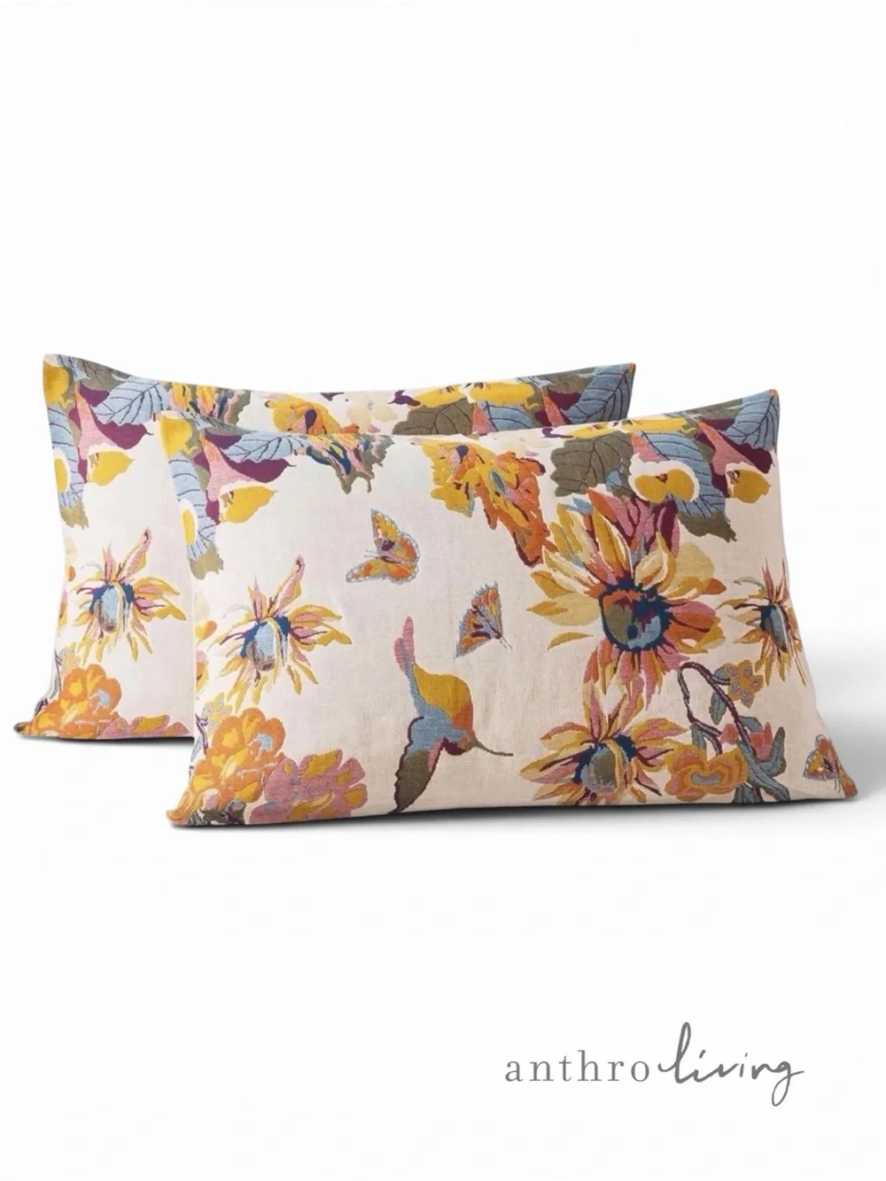 NEW Anthropologie Boho Bird Orange Floral Queen /  King Cotton Pillow Shams Set